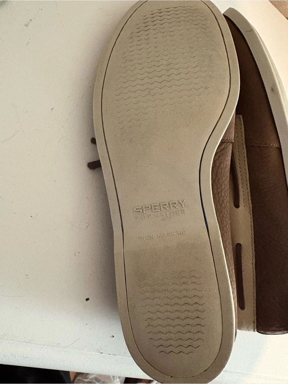 Sperry Two-Tone Brown and Cream Leather Boat Shoes with Blue Accent